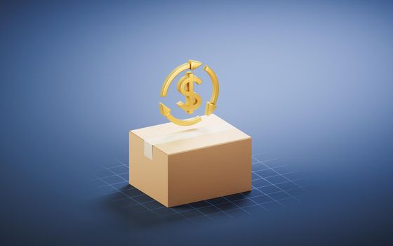 Packaging box with money sign, 3d rendering. Computer digital drawing.