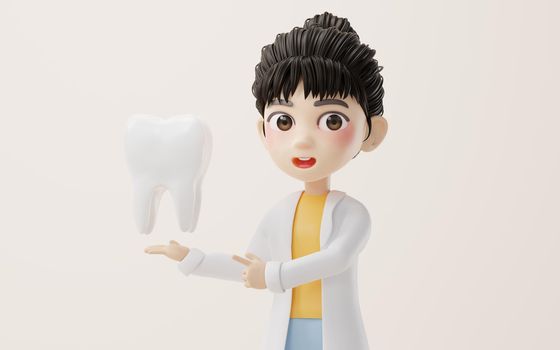 3D cartoon female researcher and the tooth, 3d rendering. Computer digital drawing.