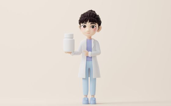 3D cartoon female researcher with a medicine bottle in hand, 3d rendering. Computer digital drawing.
