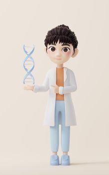 3D cartoon female researcher and DNA, 3d rendering. Computer digital drawing.