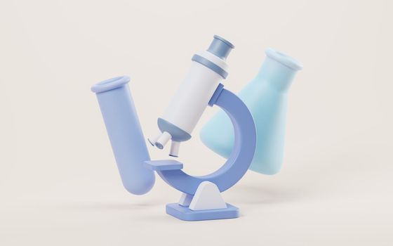 3D cartoon style microscope and chemical vessel, 3d rendering. Computer digital drawing.