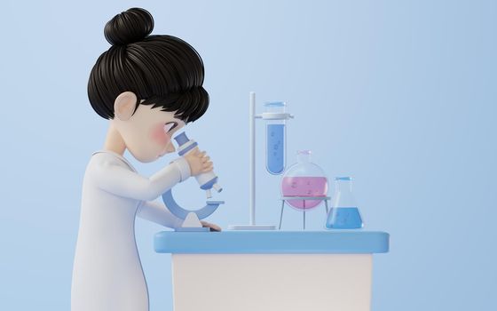 3D cartoon female researcher and microscope, 3d rendering. Computer digital drawing.