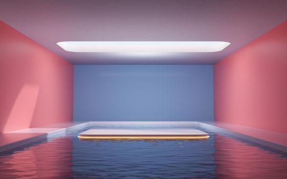 Empty room with water inside, 3d rendering. Computer digital drawing.