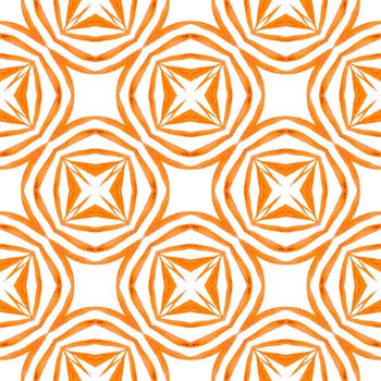 Textile ready superb print, swimwear fabric, wallpaper, wrapping. Orange fetching boho chic summer design. Hand painted tiled watercolor border. Tiled watercolor background.