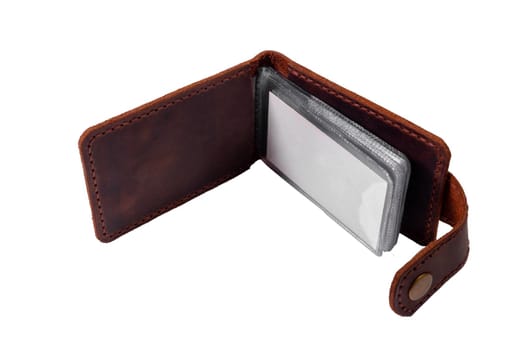 Open luxury craft business card holder case made of leather. Brown leather box for cards isolated on white background.