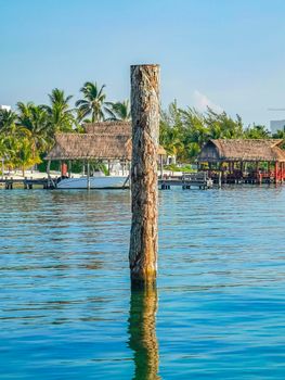 Beautiful Playa Azul beach and seascape panorama with blue turquoise water hotels resorts and palm trees in Cancun Quintana Roo Mexico.