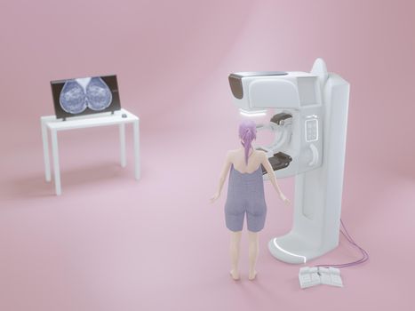 Mammography device for screening breast cancer 3D woman model .3D rendering .