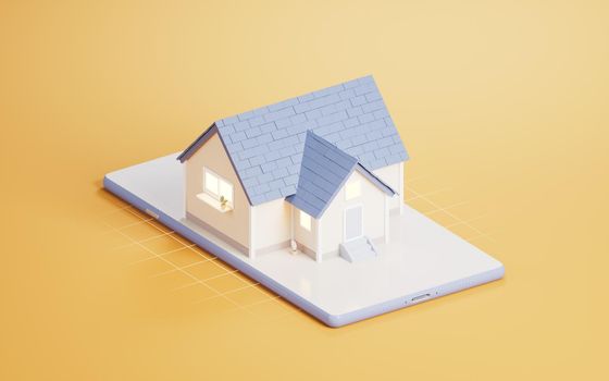 3D cartoon house with mobile phone, 3d rendering. Computer digital drawing.