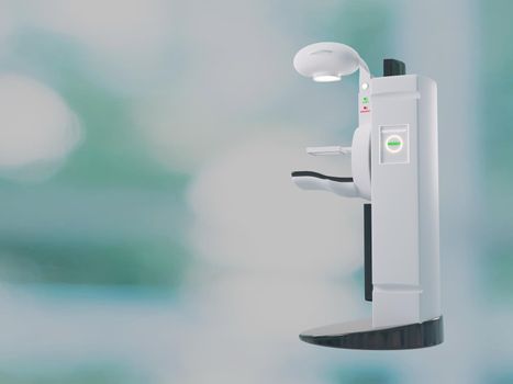 Mammogram device 3D rendering for screening breast cancer in hospital on green blurred background.