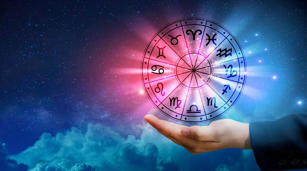 Zodiac signs inside of horoscope circle. Astrology in the sky with many stars and moons  astrology and horoscopes concept