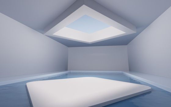 Empty room with water inside, 3d rendering. Computer digital drawing.