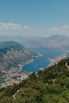 Beautiful nature mountains landscape. Kotor bay, Montenegro. Views of the Boka Bay, with the cities of Kotor and Tivat with the top of the mountain, Montenegro.