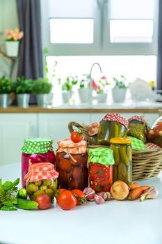 Jars with preserved vegetables for the winter. Selective focus. Food.