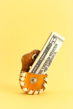 American five dollar bill in cute wallet on yellow, overflowing piggy bank, concept of little money or financial expansion, vertical image