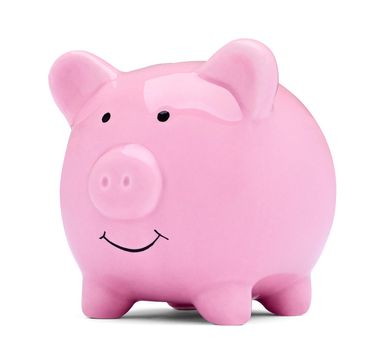 Close up of a pink piggy bank on white background