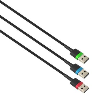 three cables with a USB connector, in RGB colors, isolated on a white background