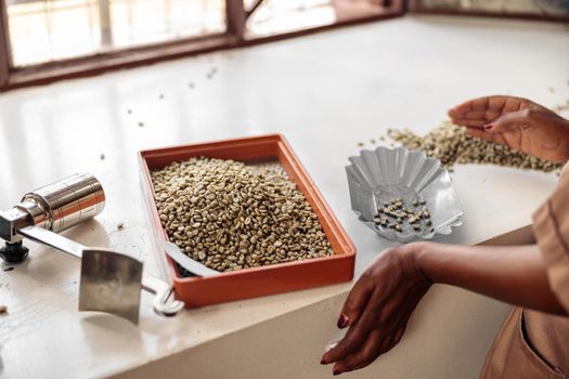 Top view of African American woman sorting coffee beans by size using a sieve