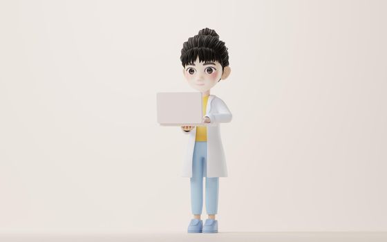 3D cartoon female researcher using computer, 3d rendering. Computer digital drawing.
