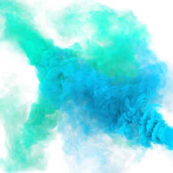 Collision of menthol green and blue plumes of smoke. 3D render abstract marine blue and green fog impact texture on a white background for fest and fan party decoration