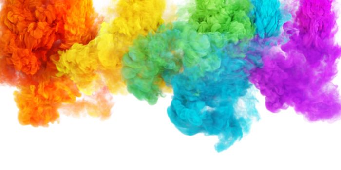 Fantastic rainbow color puffs of smoke or fog in white background. Color 3D render abstract fog texture on a white background for social fest and fan party