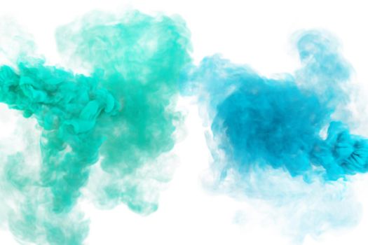 Menthol green VS light blue. Fantasy texture of smoke or magical fog. Marine blue and green 3D render abstract mist texture on a white background for fest and fan party decoration