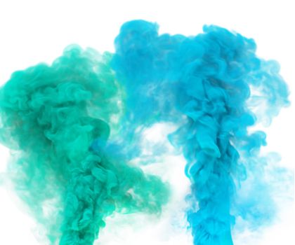 Fantasy texture of cool smoke or magical ocean fog. Marine blue and green 3D render abstract mist texture on a white background for fest and fan party decoration