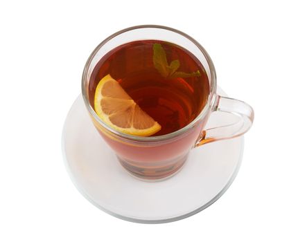 Black tea with lemon isolated on white background
