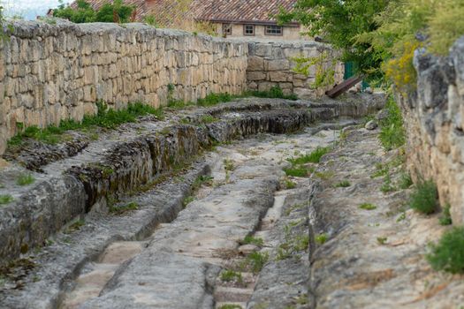 Ancient cave road city bakhchisaray chufut crimea medieval street old, concept landscape building for tourism for russia tree, mountain landmark. Town ruins crimean,