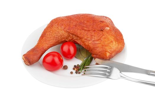 Smoked chicken thigh on plate isolated on a white background