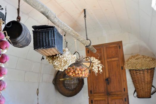 Kitchen with straw baskets in the castle of Chenonceau