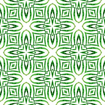 Textile ready pleasing print, swimwear fabric, wallpaper, wrapping. Green posh boho chic summer design. Green geometric chevron watercolor border. Chevron watercolor pattern.