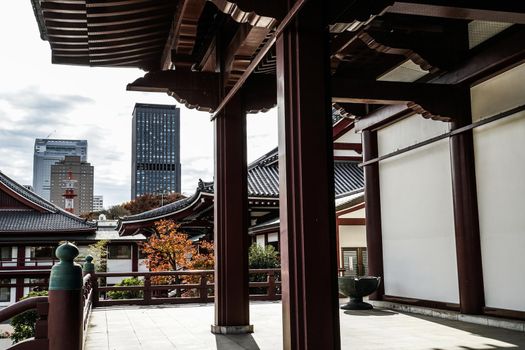 Temple and Tokyo cityscape. Shooting Location: Tokyo metropolitan area
