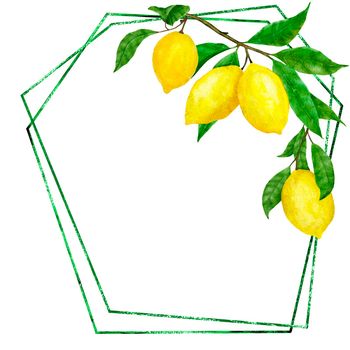 Watercolor hand drawn frame poster with yellow lemons and green leaves. Summer fruit citrus border with modern glitter lines for wedding cards invitations, nature design illustration