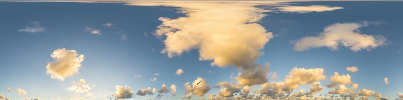 Sky panorama with Cirrus clouds in Seamless spherical equirectangular format. Full zenith for use in 3D graphics, game and editing aerial drone 360 degree panoramas for sky replacement