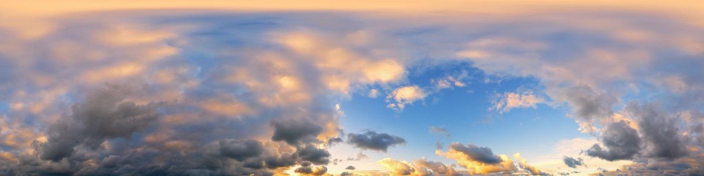 Dark blue twilight sky panorama with Cumulus clouds. Seamless hdr 360 panorama in spherical equiangular format. Full zenith or sky dome for 3D visualization, sky replacement for aerial drone panoramas