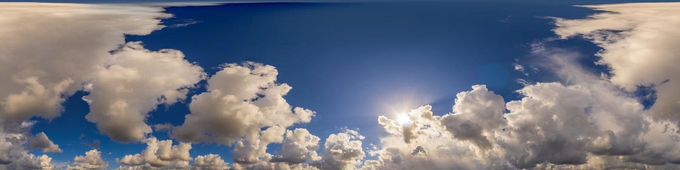 Sky panorama with Cirrus clouds in Seamless spherical equirectangular format. Full zenith for use in 3D graphics, game and editing aerial drone 360 degree panoramas for sky replacement