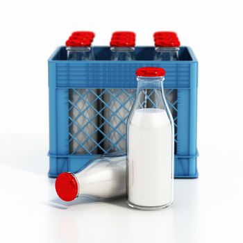 Milk bottles inside plastic crate. 3D illustration.