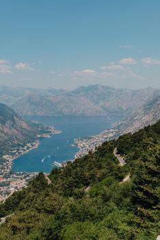 Beautiful nature mountains landscape. Kotor bay, Montenegro. Views of the Boka Bay, with the cities of Kotor and Tivat with the top of the mountain, Montenegro.