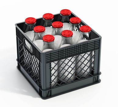 Milk bottles inside plastic crate. 3D illustration.