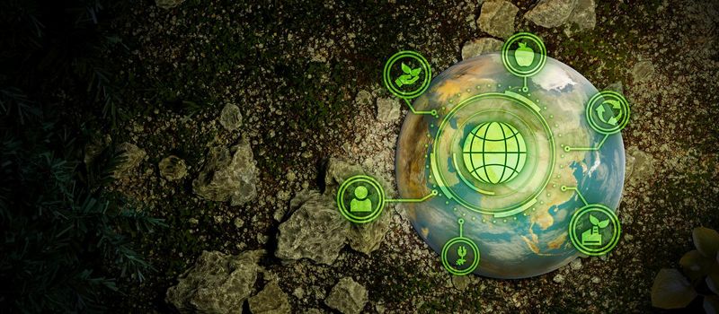 Happy Earth Globe With Network Connection And ESG Icons. Environment Social And Governance In Sustainable And Ethical Business Illustrative Banner Background 3D Render