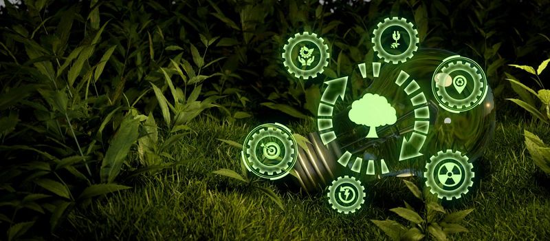 Ecosystem and digital technology concept lightbulb green Renewable, sustainable energy concept 3D Illustration