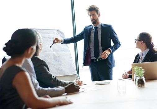 Boss presenting innovative ideas to the team. Corporate executives have a formal meeting in the boardroom to brainstorm new strategy. Office meeting with communication between the staff and manager