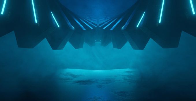 Extraordinary Cyberpunk Mysterious Volumetrics Deep Blue Green SciFi Corridor Hallway Hangar Interior Background Wallpaper 3D Rendering