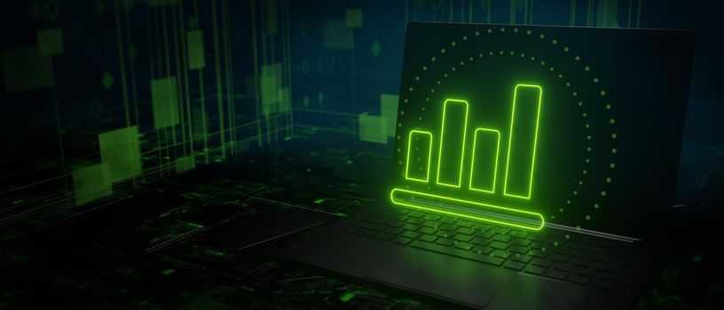 Laptop bar graph. Green graphs laptop screen.3D Render