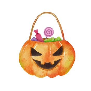 Halloween pumpkin with candy. Watercolor Drawing isolated on white.