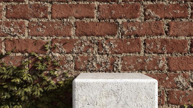 A 3d rendering image of white concrete product display on brick wall which have ivy climbed.