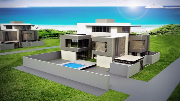 3D illustration of a luxurious villa with a nice sea view. 3D illustration.