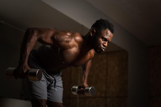 Attractive african american man doing arm exercises with dumbbells