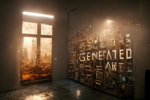 room with large window and artistic wall with words generated art, neural network generated art image produced in 2022