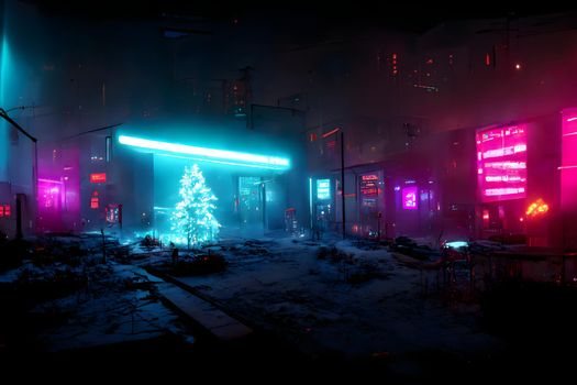 empty cyberpunk neon illuminated city street at christmas night, neural network generated art, picture produced by ai in 2022